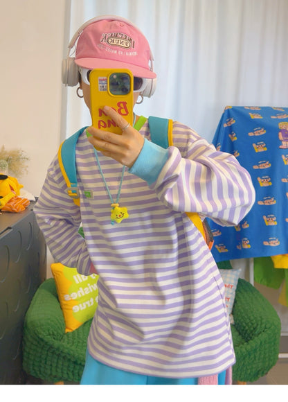 KURIOSITAET - Decora Kei Purple Striped Long Sleeve Tee shirt KURIOSITAET