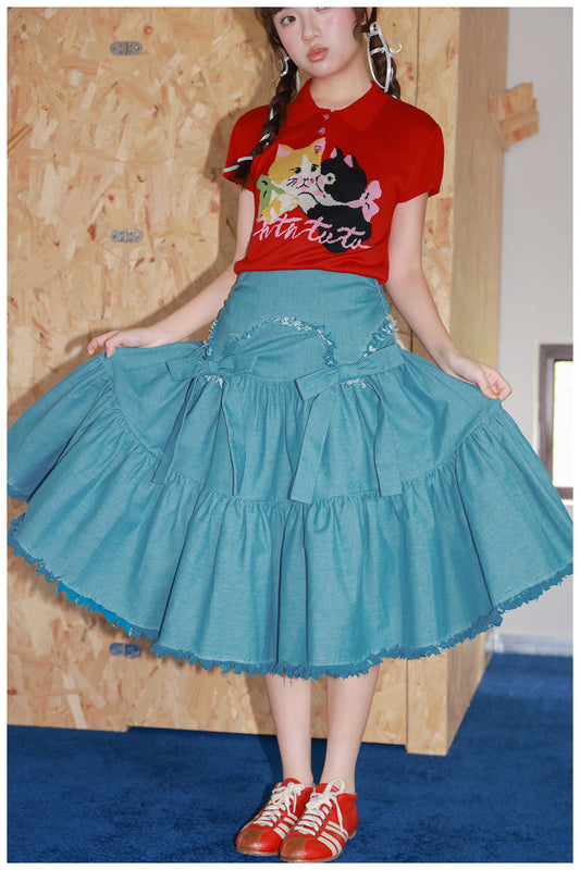 Tntntutu - Kawaii Blue Denim Bow Tassel Layered Skirt skirt tntntutu