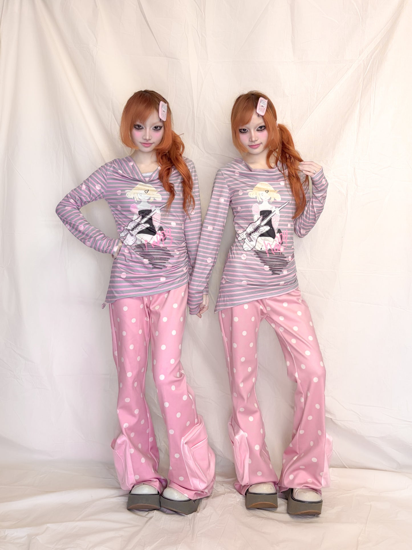 YJM with biubiu - Pink Polka Dot Flared Sweatpants pants YJM with biubiu