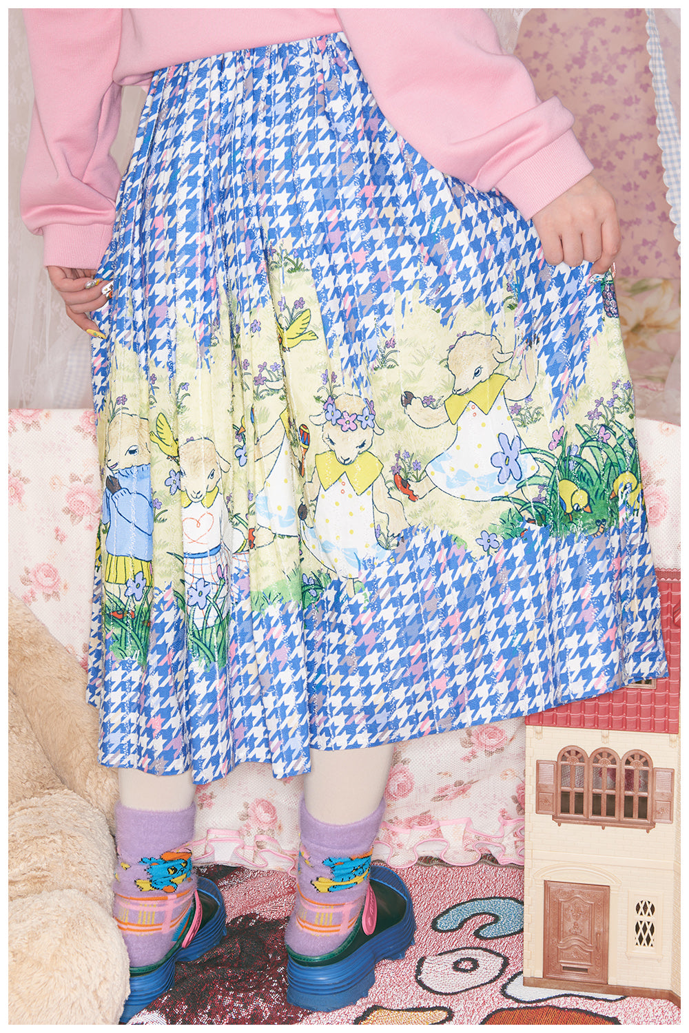 tntntutu - Kawaii Blue Houndstooth Lamb Print Skirt skirt tntntutu