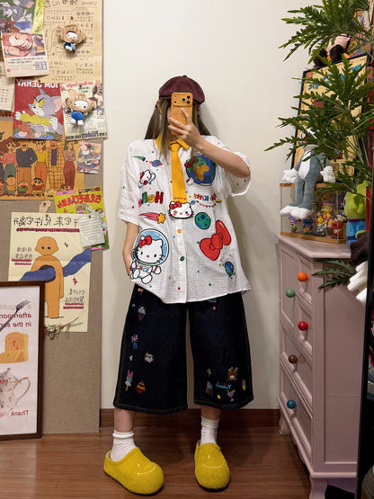 BIBULU - Cat Embroidered Polka Dot Shirt shirt BIBULU