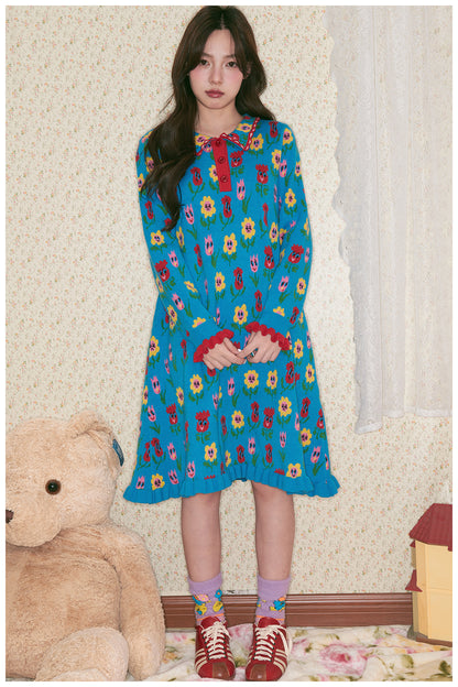 tntntutu - Kawaii Blue Cartoon Flower Knit Dress Long Sleeve dress tntntutu