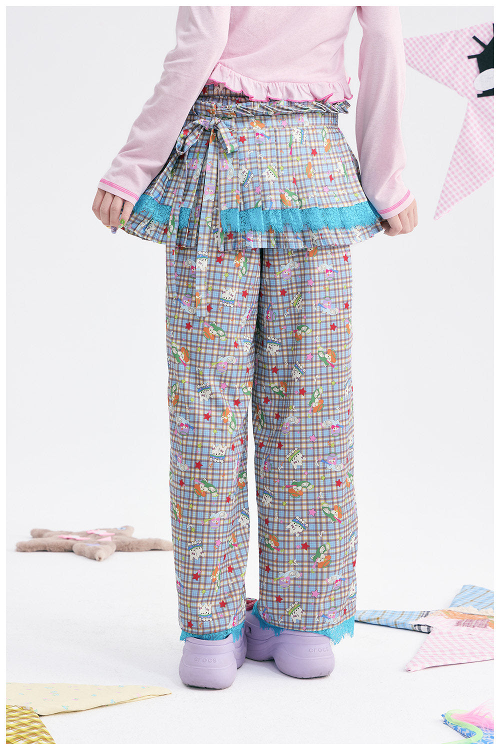 tntntutu - Plaid Angel Print Low Rise Layered Pants pants tntntutu