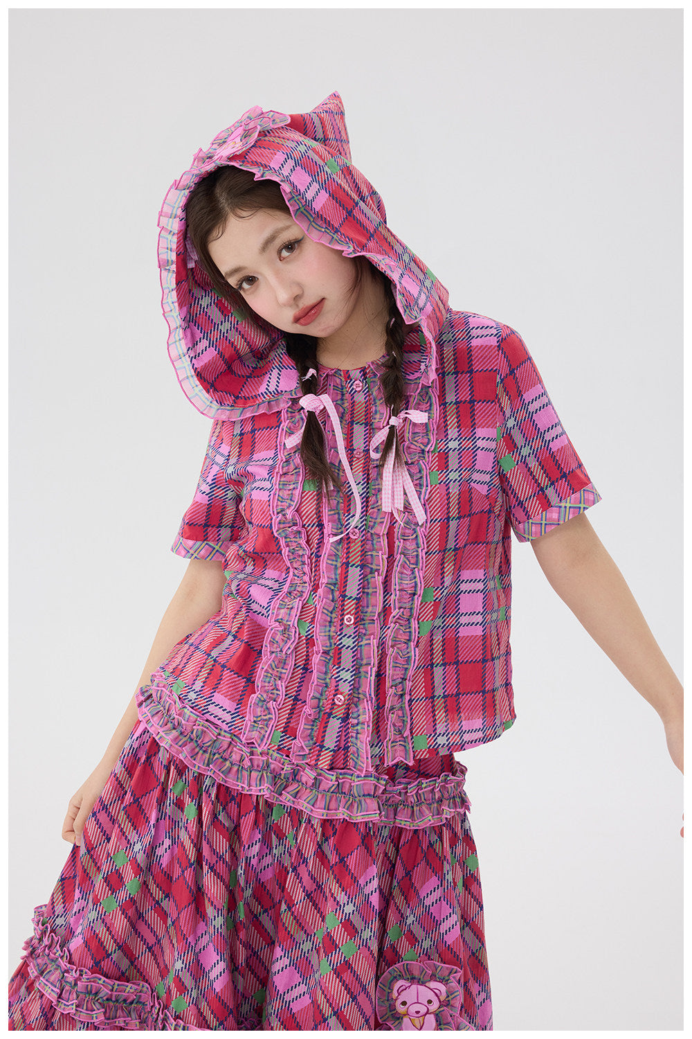 tntntutu - Pink Plaid Bear Hat Skirt Set set tntntutu