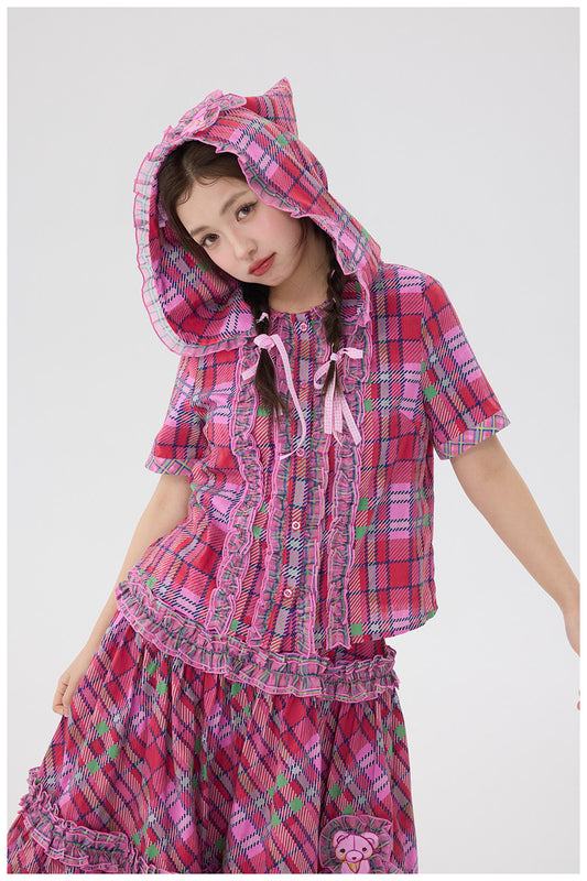 tntntutu - Pink Plaid Bear Hat Skirt Set set tntntutu