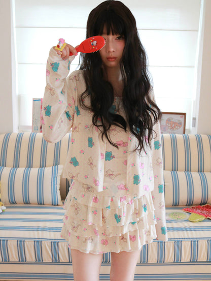 KaiXin Hostel - Cat Rose Print Cardigan Set set KaiXin hostel