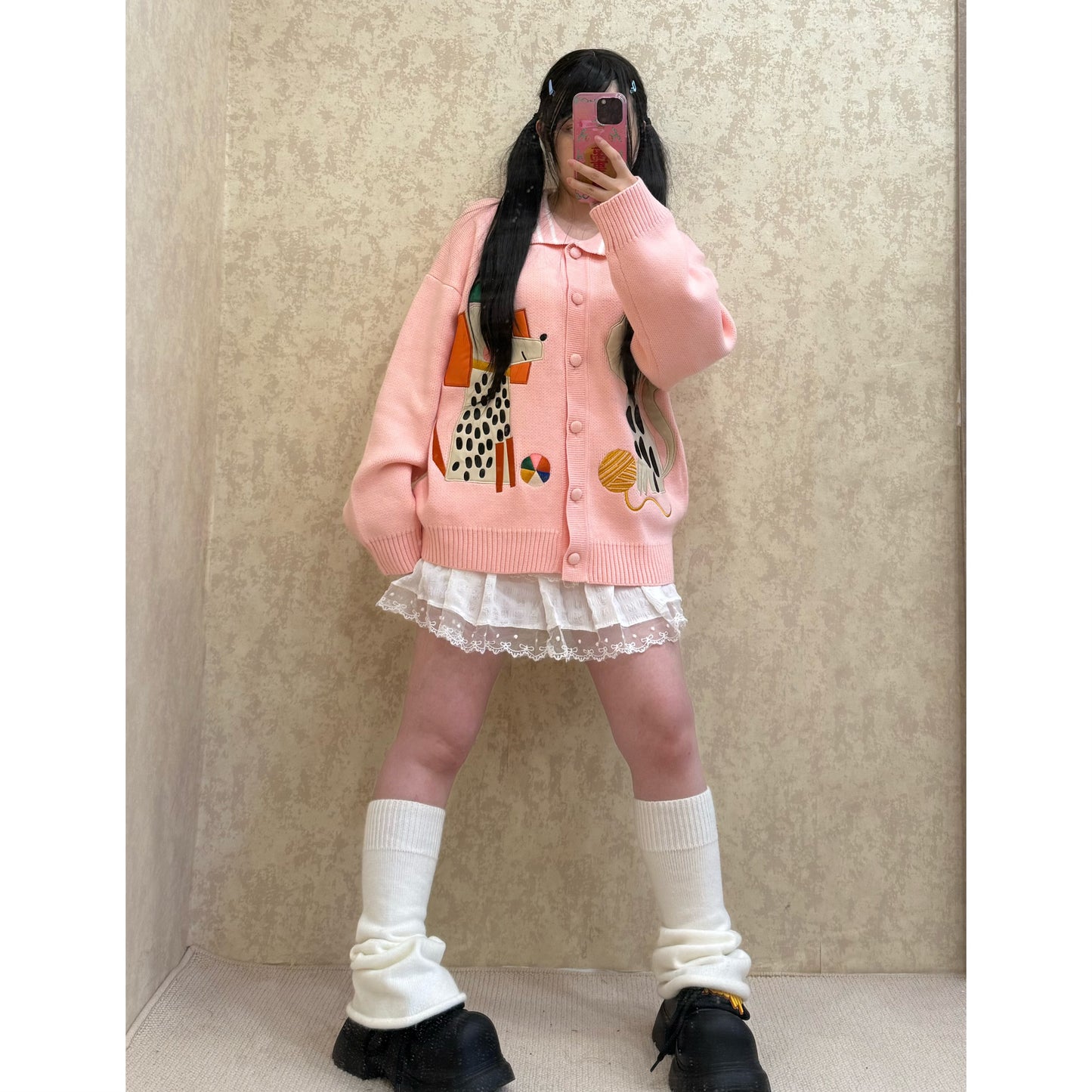 BIBULU - Kidcore Embroidered Cat Vintage Knit Cardigan cardigan BIBULU Pink M