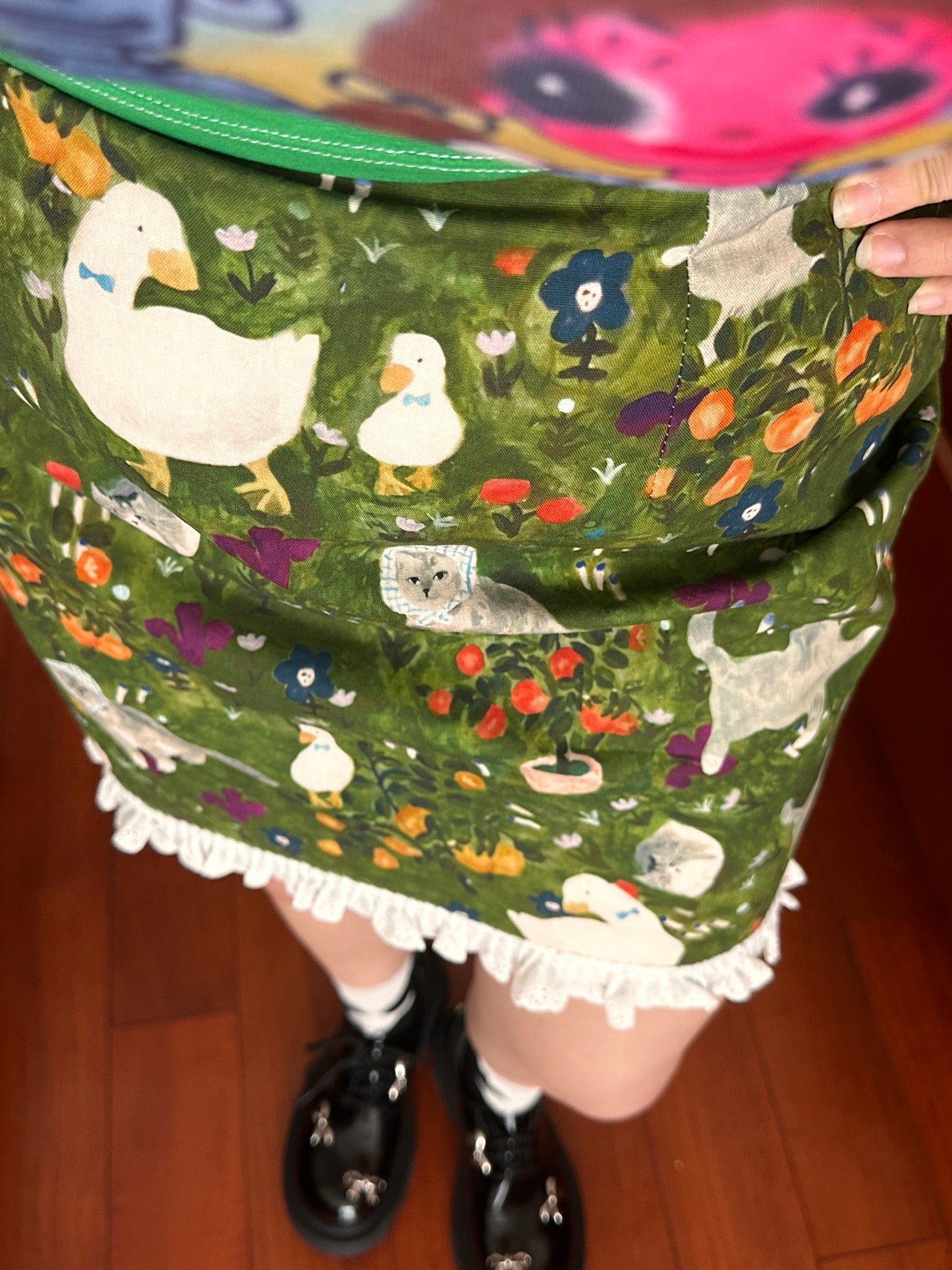 Romantic Rimande Café - Cat Print Green A-Line Skirt