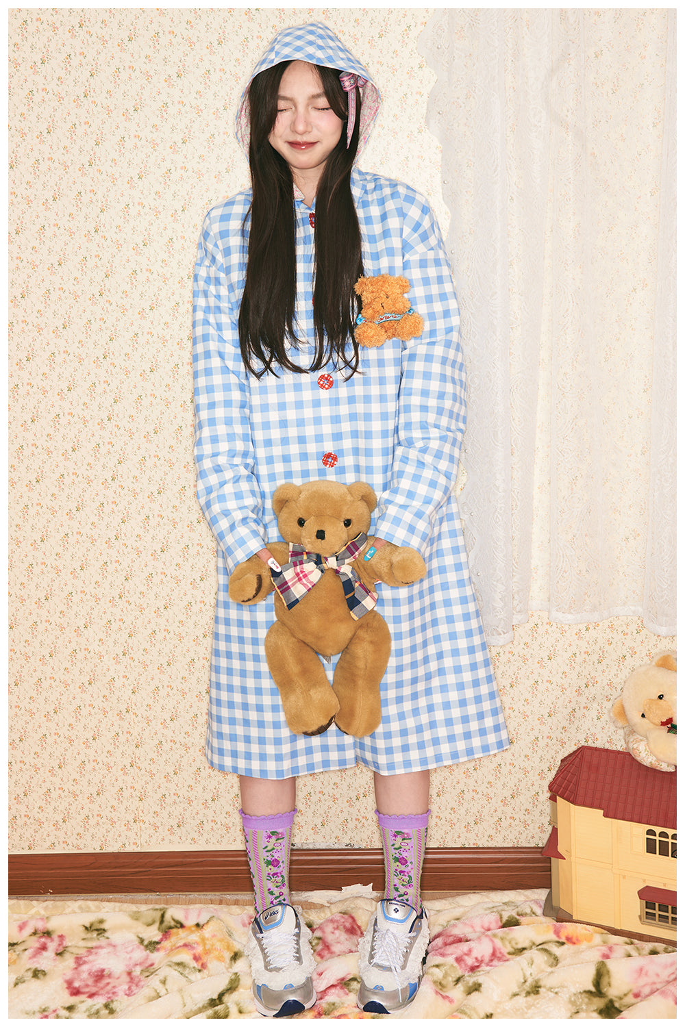 tntntutu - Blue Plaid Hooded Trench Coat w/ Bear Brooch Trench tntntutu