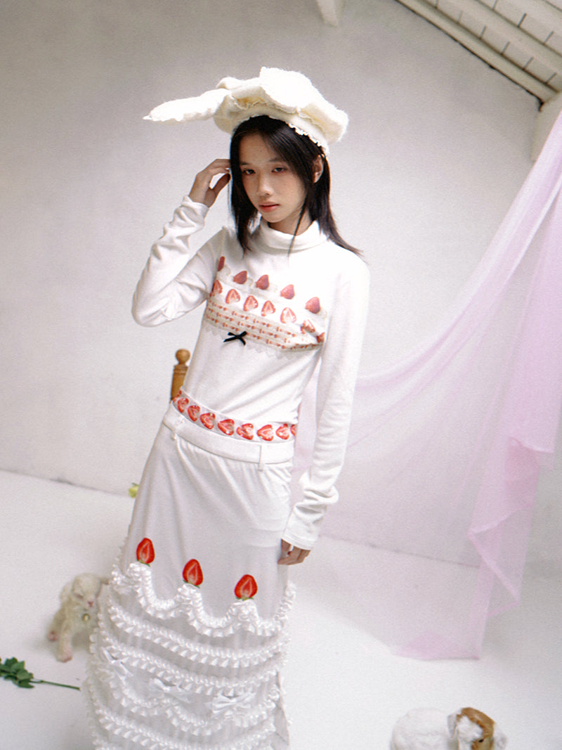 daytoday everyday institute - Kawaii Strawberry Cake Turtleneck Top Stretch Fuzzy sweatshirt daytoday everyday institute