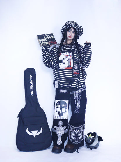 Leerroo - Y2K Punk Stripe Sweatshirt Loose Fleece-Lined Top sweatshirt Leerroo