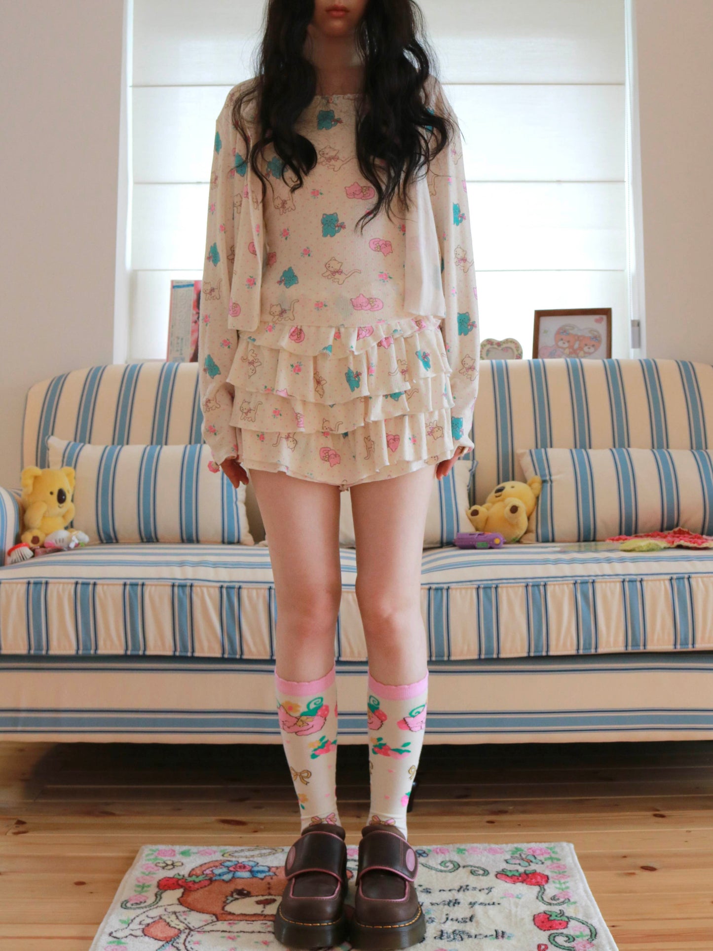 KaiXin Hostel - Cat Rose Print Cardigan Set set KaiXin hostel