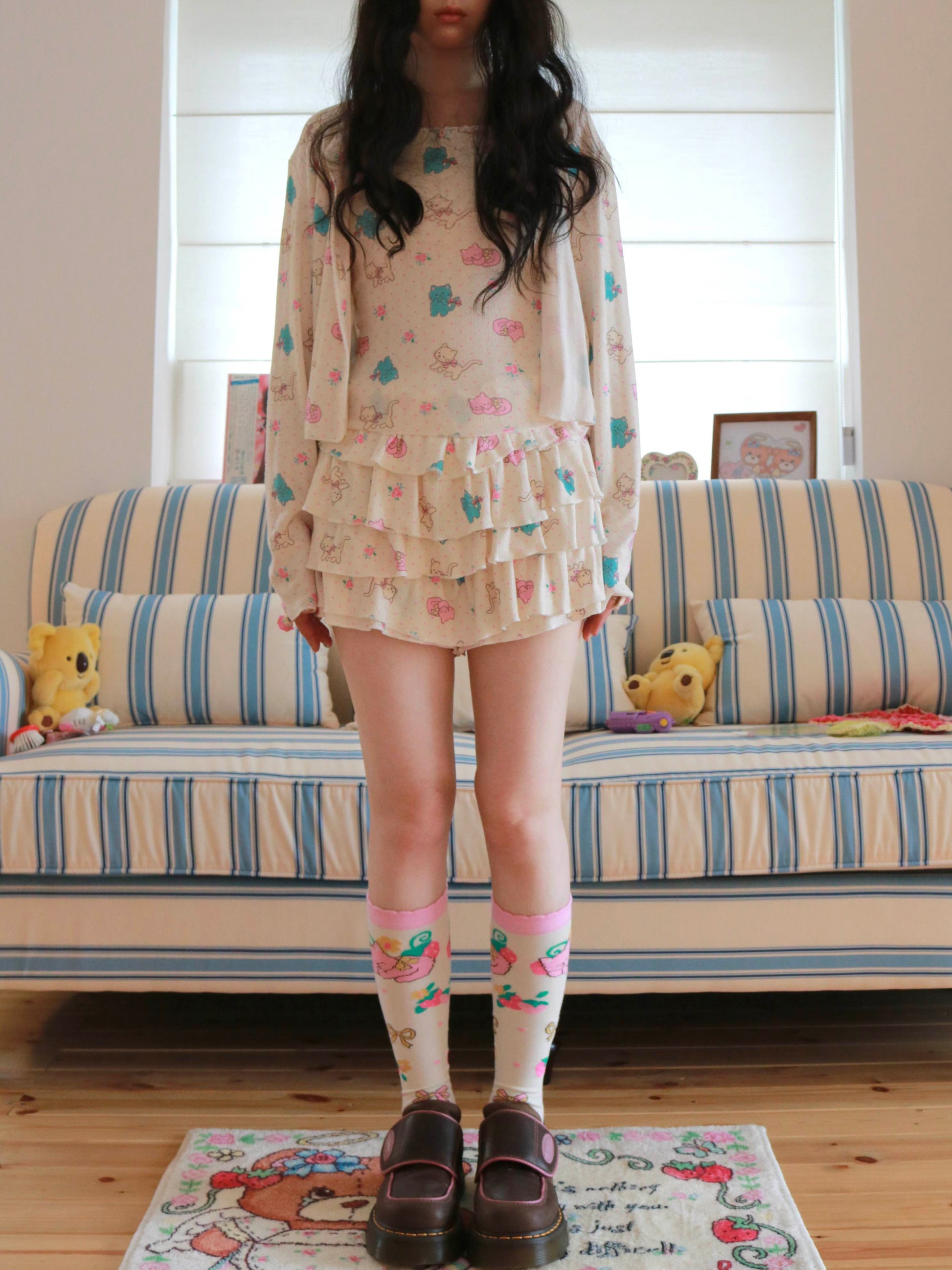 KaiXin Hostel - Cat Rose Print Cardigan Set set KaiXin hostel