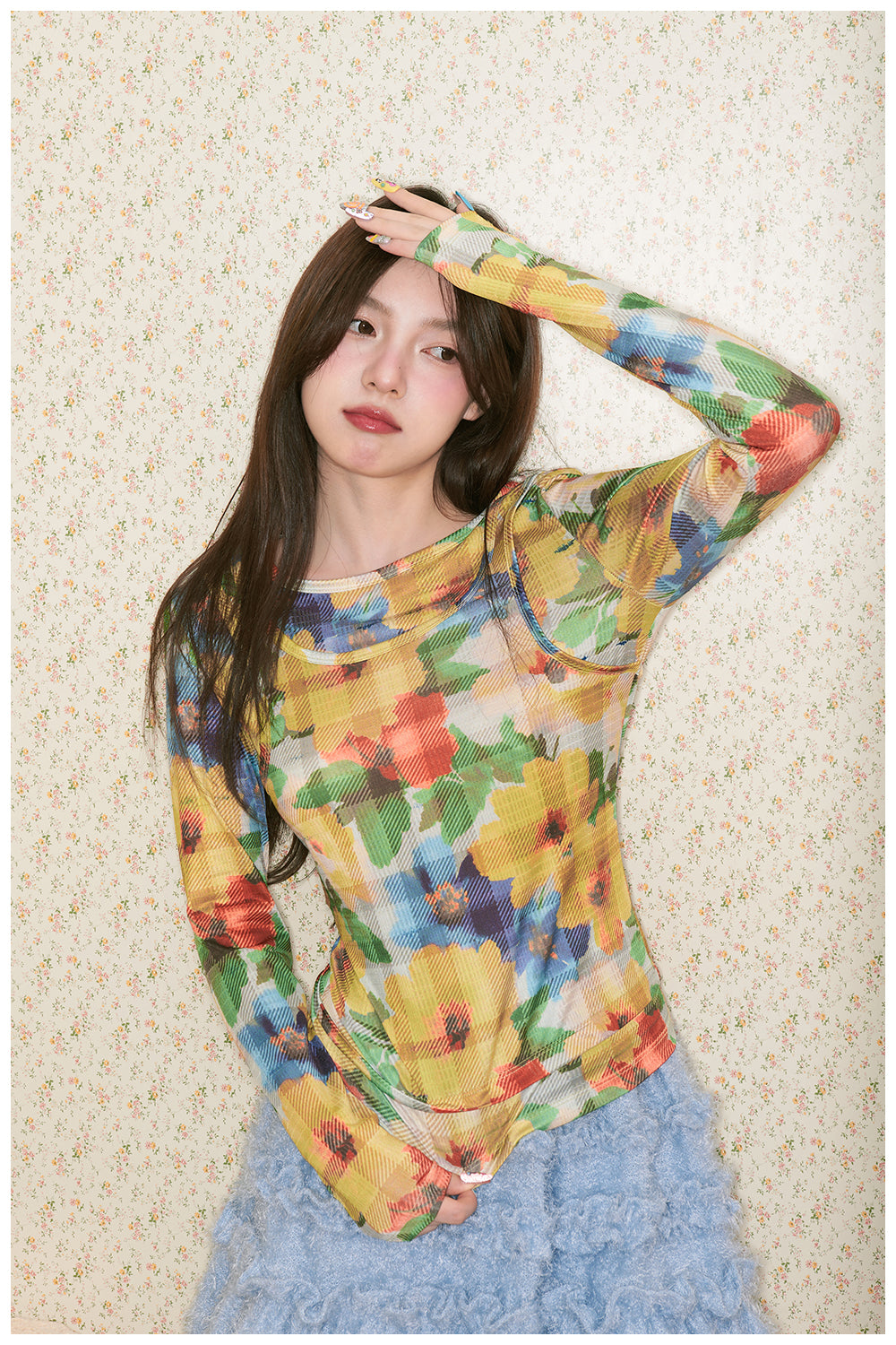 tntntutu - Bunny & Floral Plaid Slim Fit Layered Top shirt tntntutu