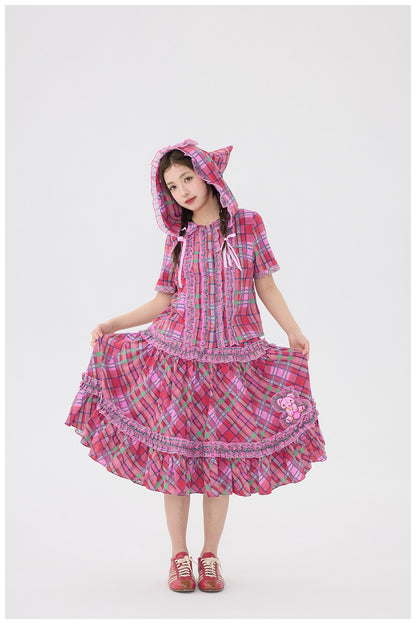 tntntutu - Pink Plaid Bear Hat Skirt Set set tntntutu