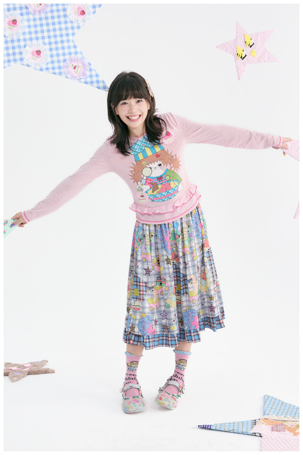 tntntutu - Pink Illustration Ruffle Long Sleeve Top shirt tntntutu
