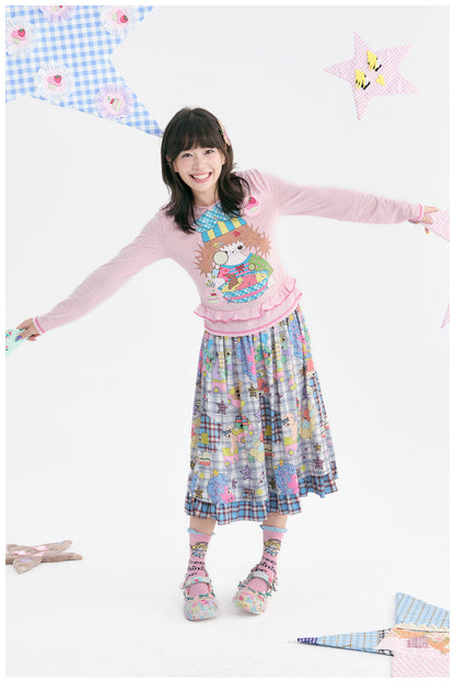 tntntutu - Pink Illustration Ruffle Long Sleeve Top shirt tntntutu