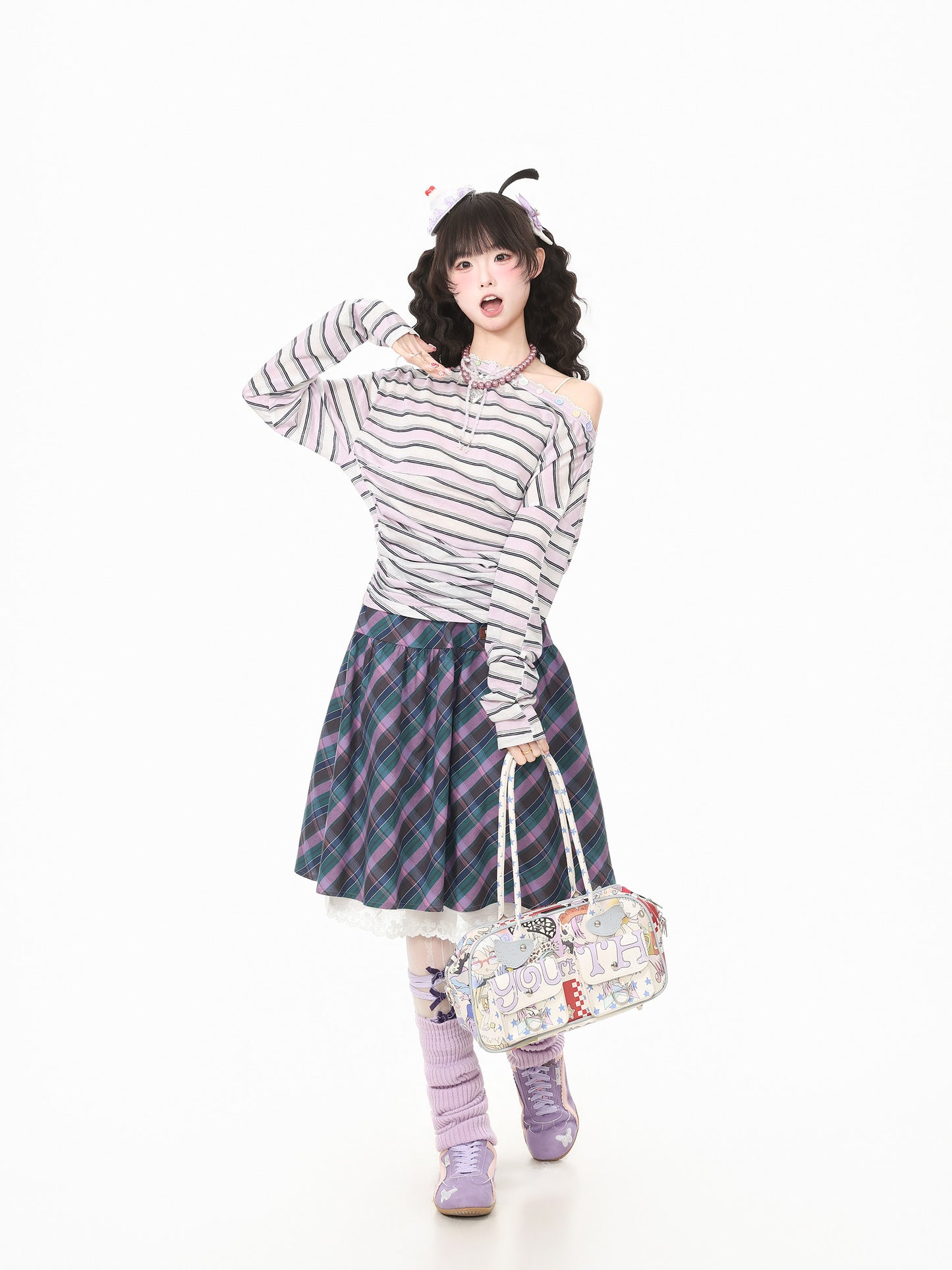 Languid Park - Lace Trim Plaid Midi Skirt