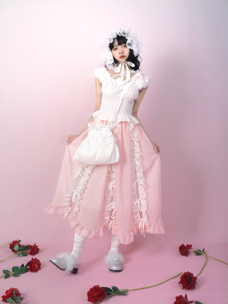 Daytoday Everyday Institute - Girly Kawaii Princess Skirt Lace Bow Petal Design Elastic Waist skirt daytoday everyday institute