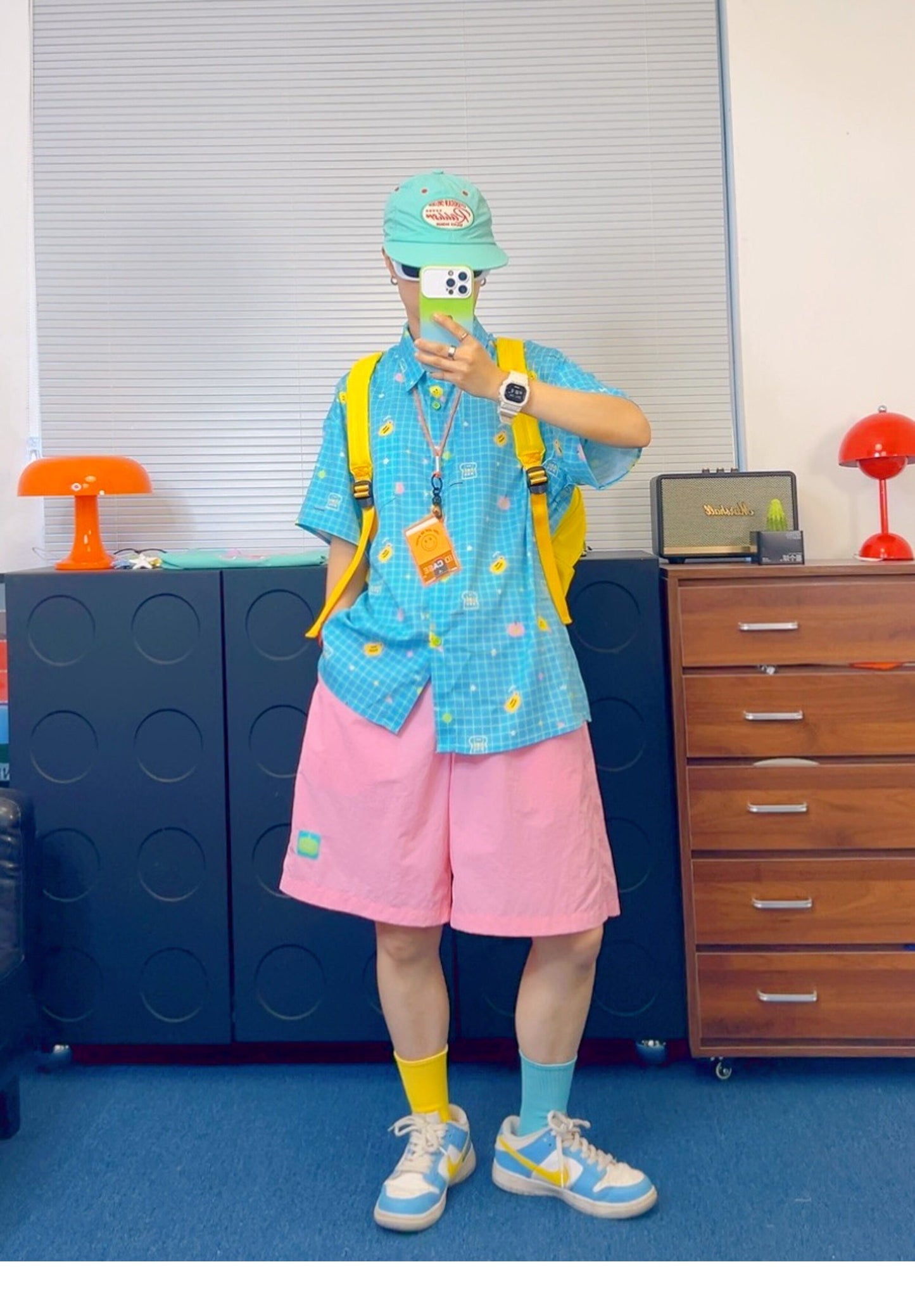KURIOSITAET - Blue Colorful Plaid Short-Sleeve Shirt