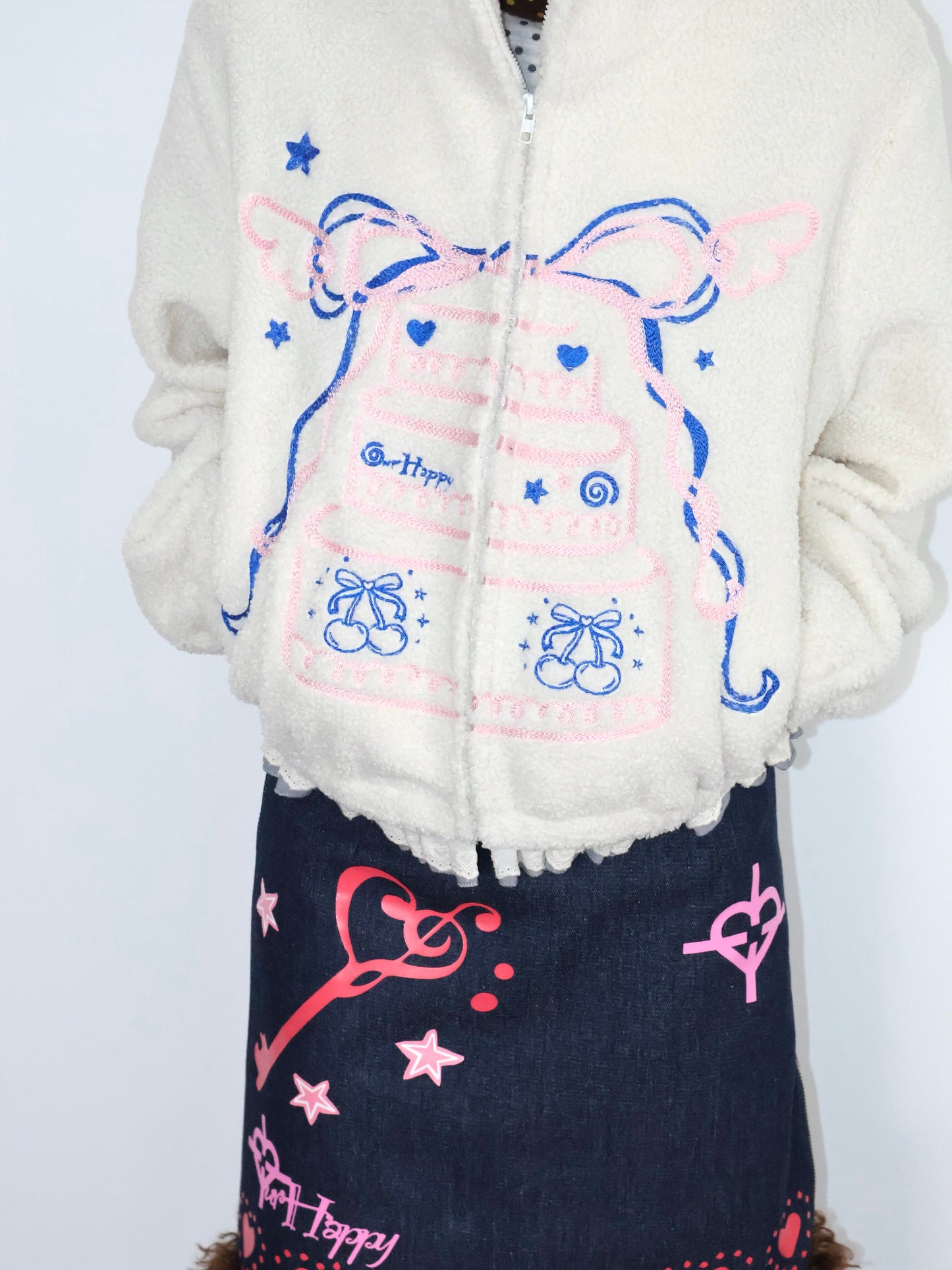 OurHappy - Cake Embroidered Fleece Jacket coat Our Happy