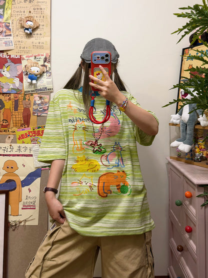 BIBULU - Cat Stripe Graphic T-Shirt tshirt BIBULU Green M