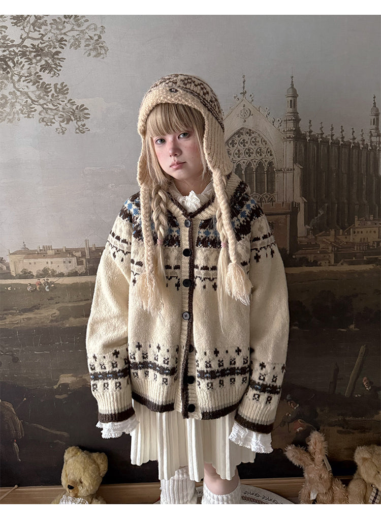 Labeau - Sweet Vintage Fair Isle Hooded Cardigan cardigan Labeau White