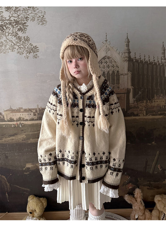 Labeau - Sweet Vintage Fair Isle Hooded Cardigan cardigan Labeau White