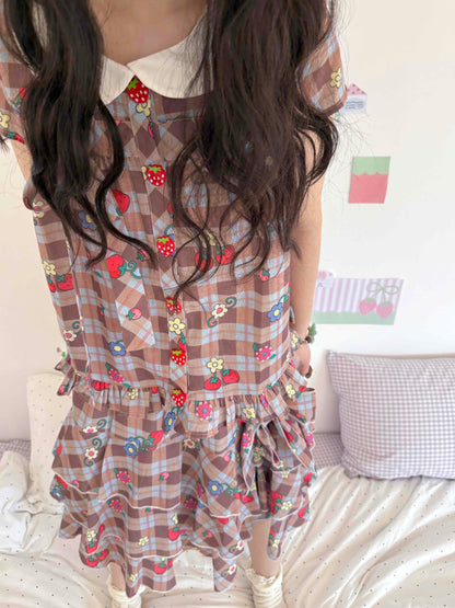 KaiXin Hostel - Strawberry Plaid Bow Shirt Set set KaiXin hostel