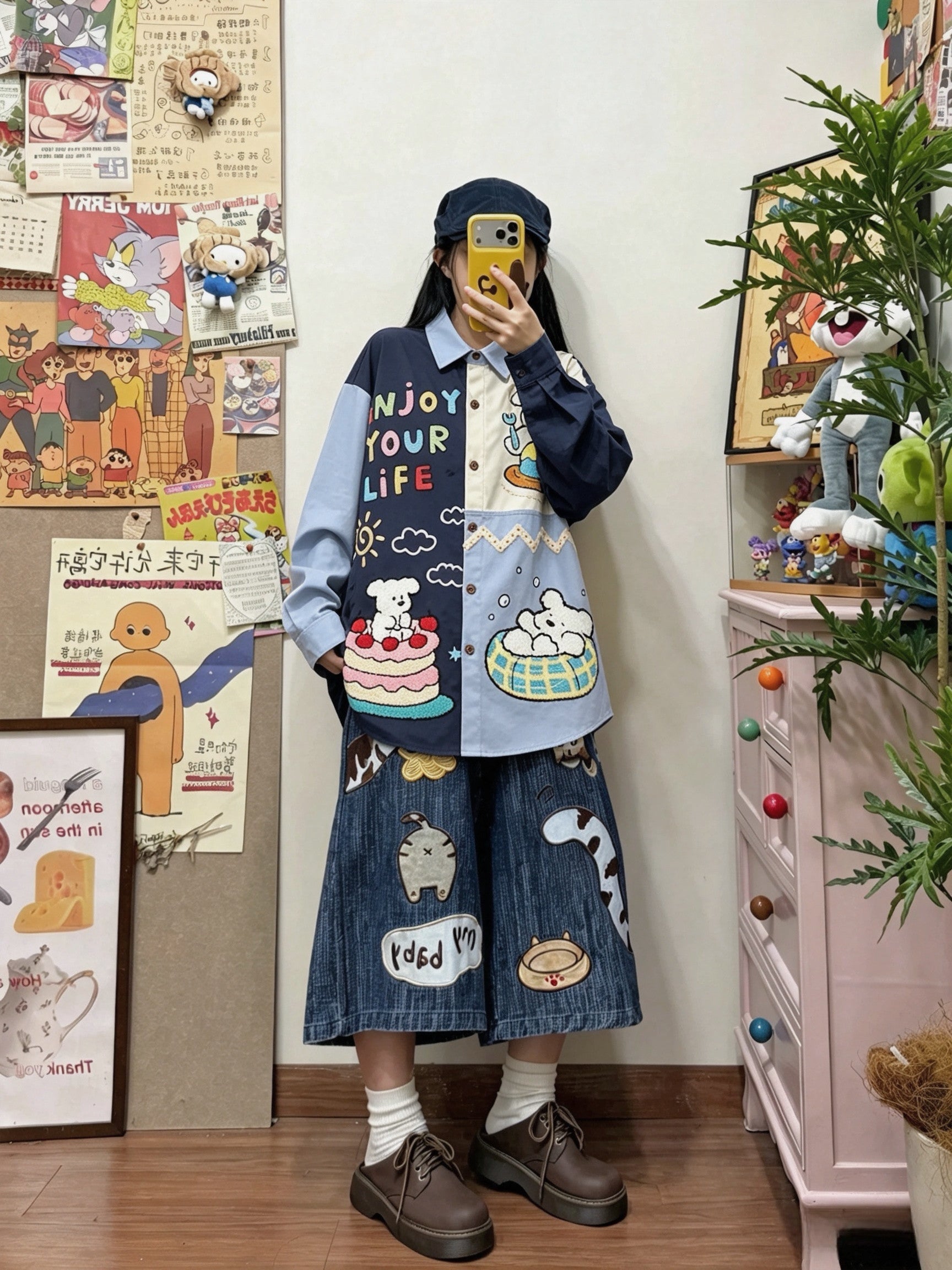 BIBULU - Color Block Cartoon Embroidered Long Sleeve Shirt shirt BIBULU