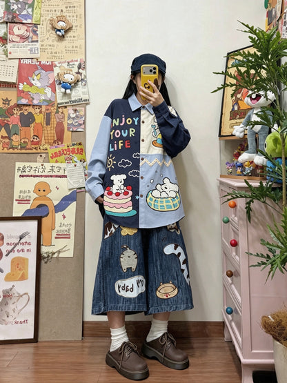 BIBULU - Color Block Cartoon Embroidered Long Sleeve Shirt shirt BIBULU