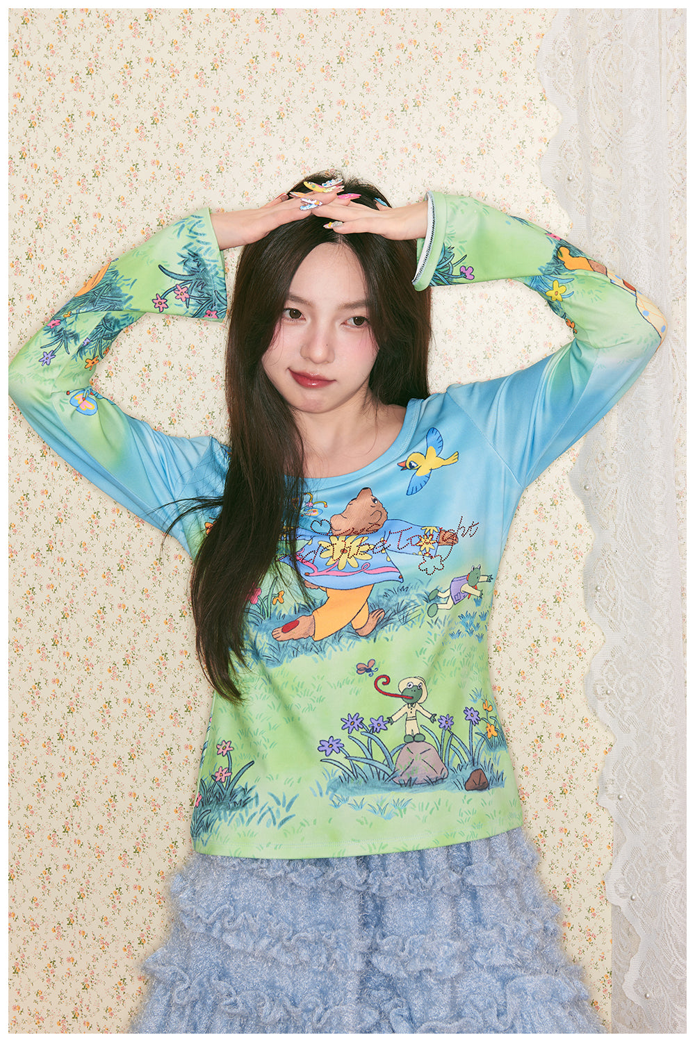 tntntutu - Blue Green Teddy Print Rhinestone Letter Stretch Top shirt tntntutu