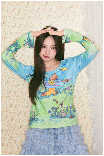 tntntutu - Blue Green Teddy Print Rhinestone Letter Stretch Top shirt tntntutu