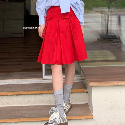 Lu Miao - Red Bow Pleated A-Line Skirt skirt Lu miao