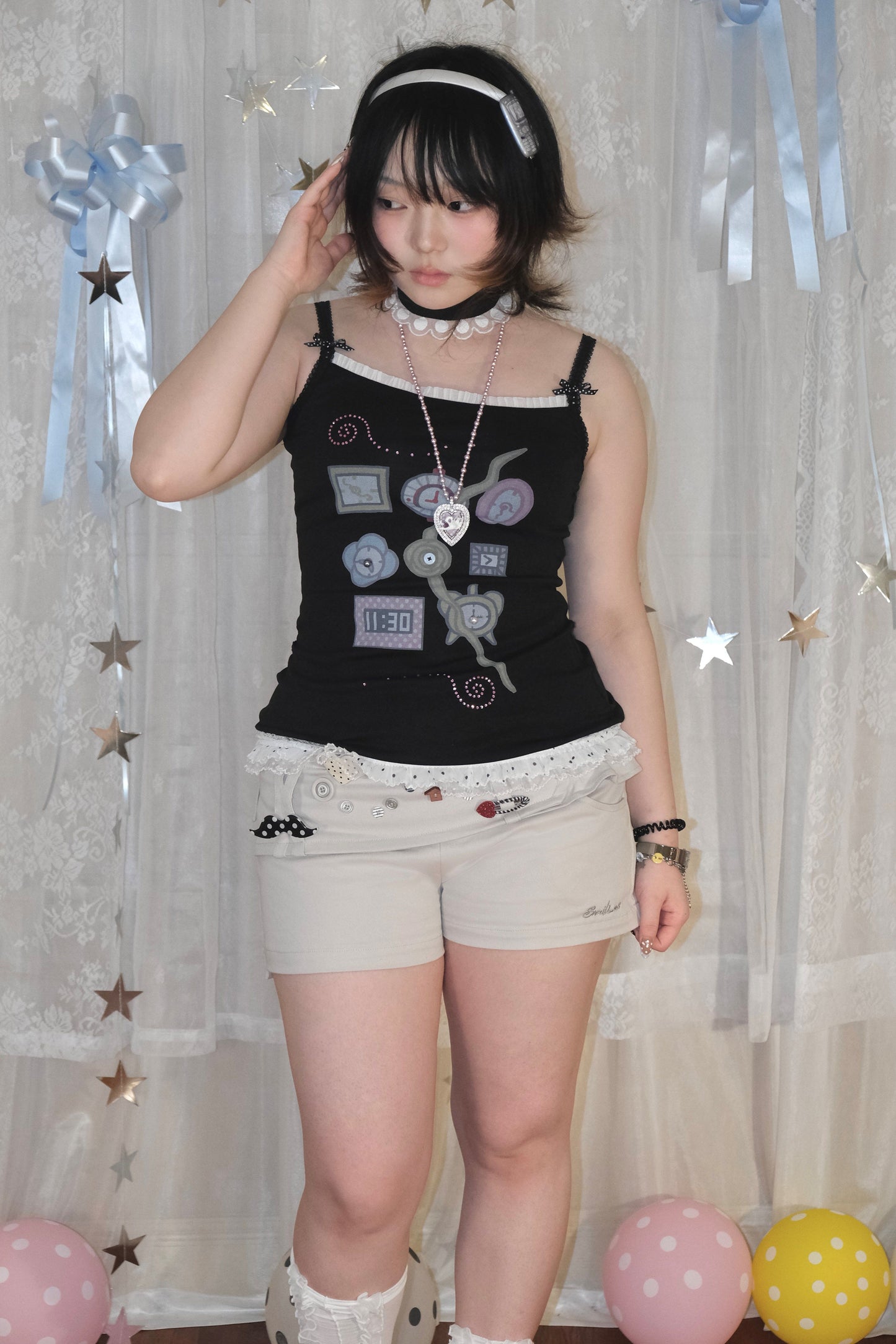 Snail Bones - Clock Print Bow Lace Cami Top camisole Snail Bones
