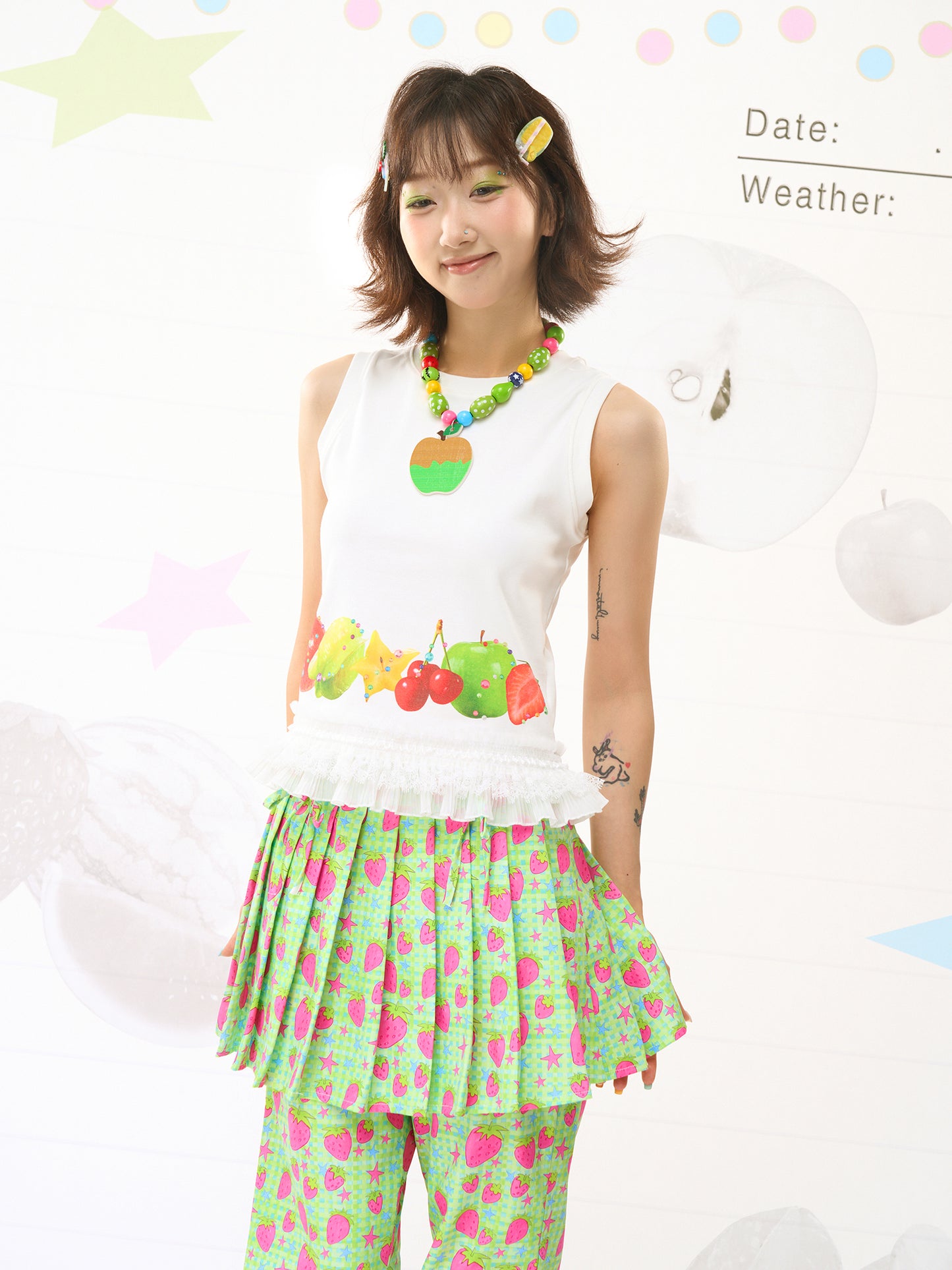 FRUITS Print Cami | Lace‑Hem Tee | White Sleeveless Shirt tshirt Fruits