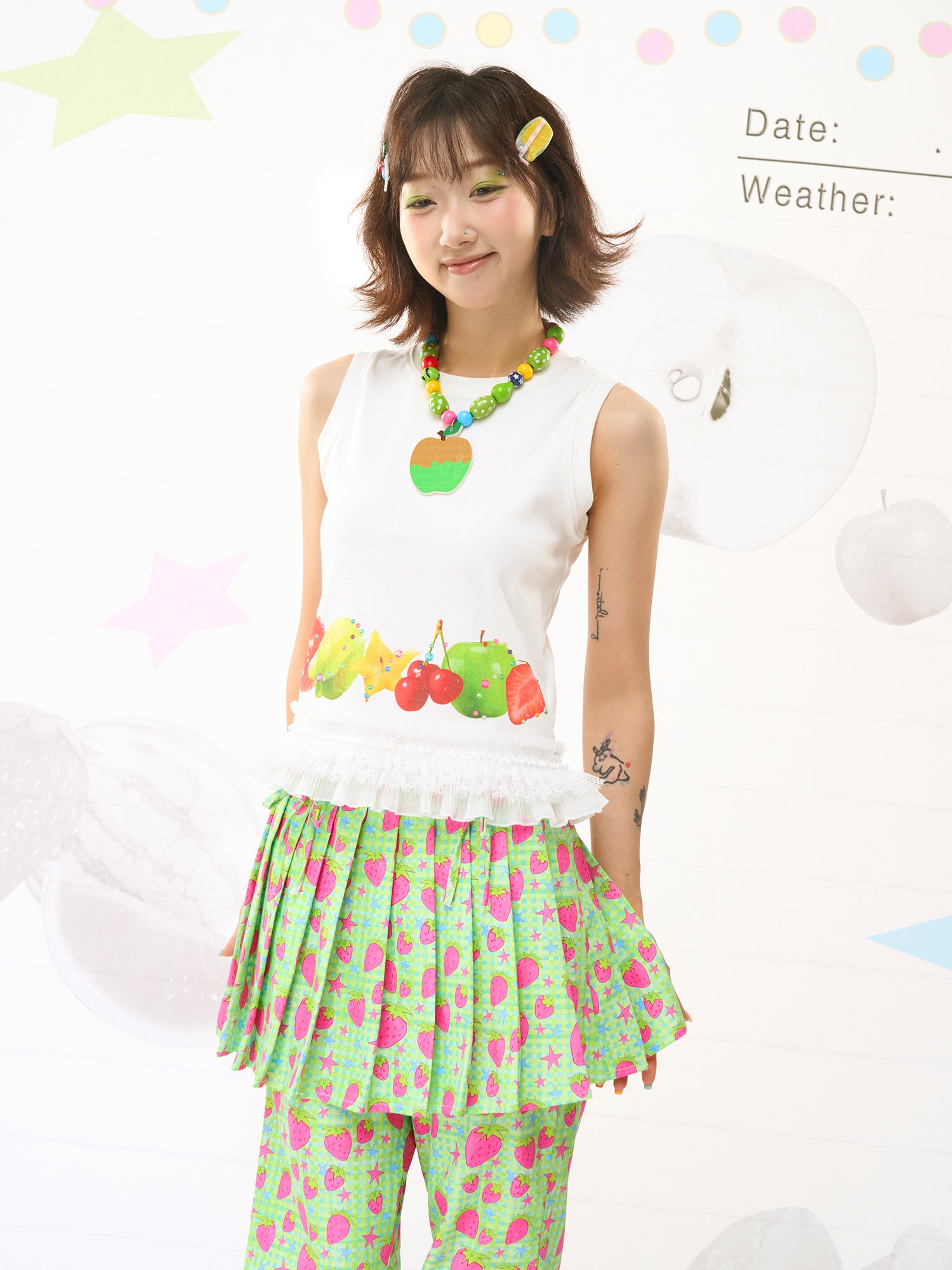 FRUITS Print Cami | Lace‑Hem Tee | White Sleeveless Shirt tshirt Fruits