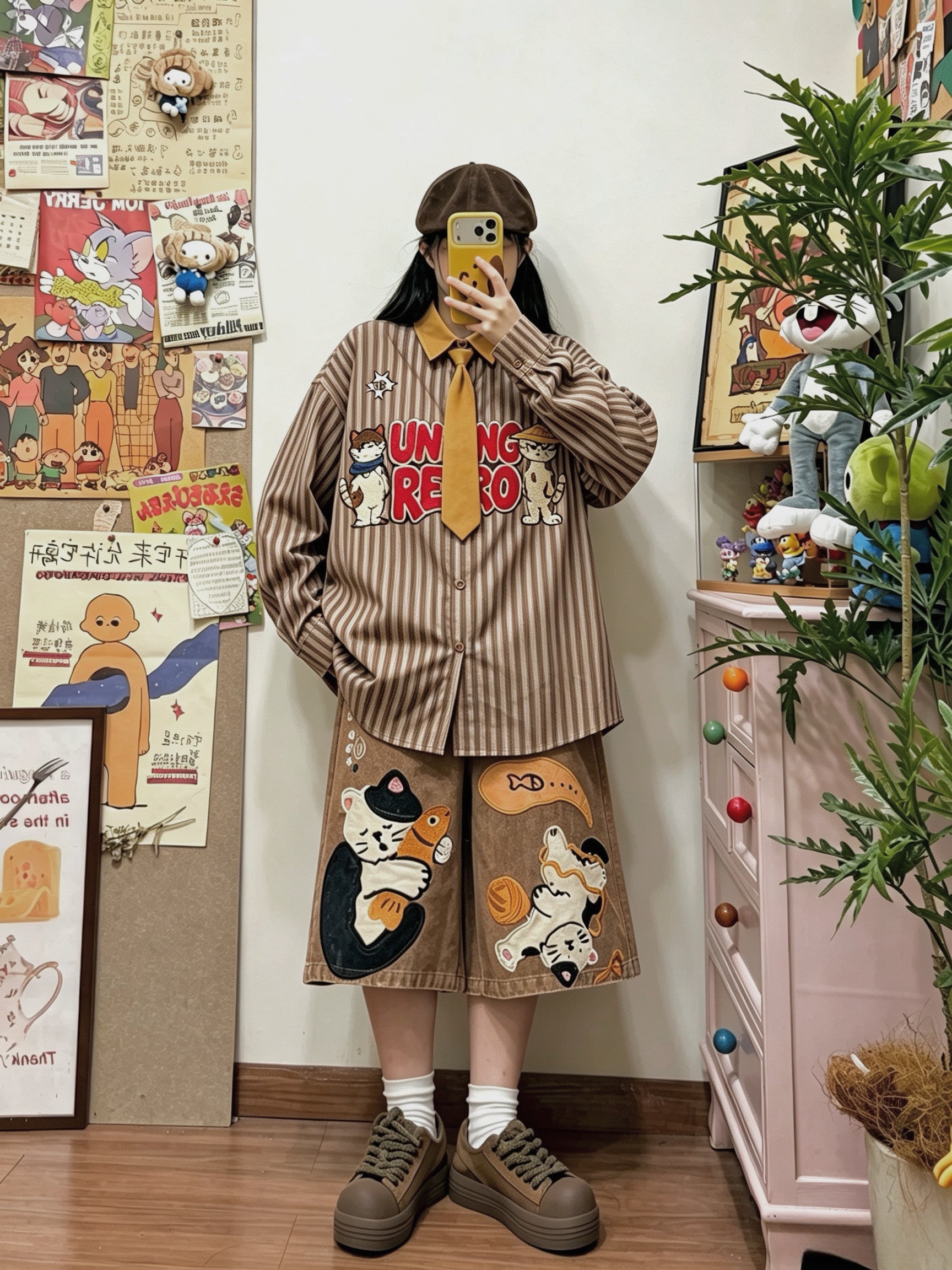 BIBULU - Japanese Cartoon Embroidered Stripe Shirt shirt BIBULU
