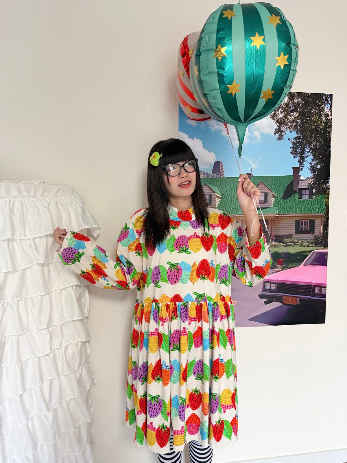 bunnybunnygun - Strawberry Print Relaxed Long-Sleeve Dress dress bunnybunnygun