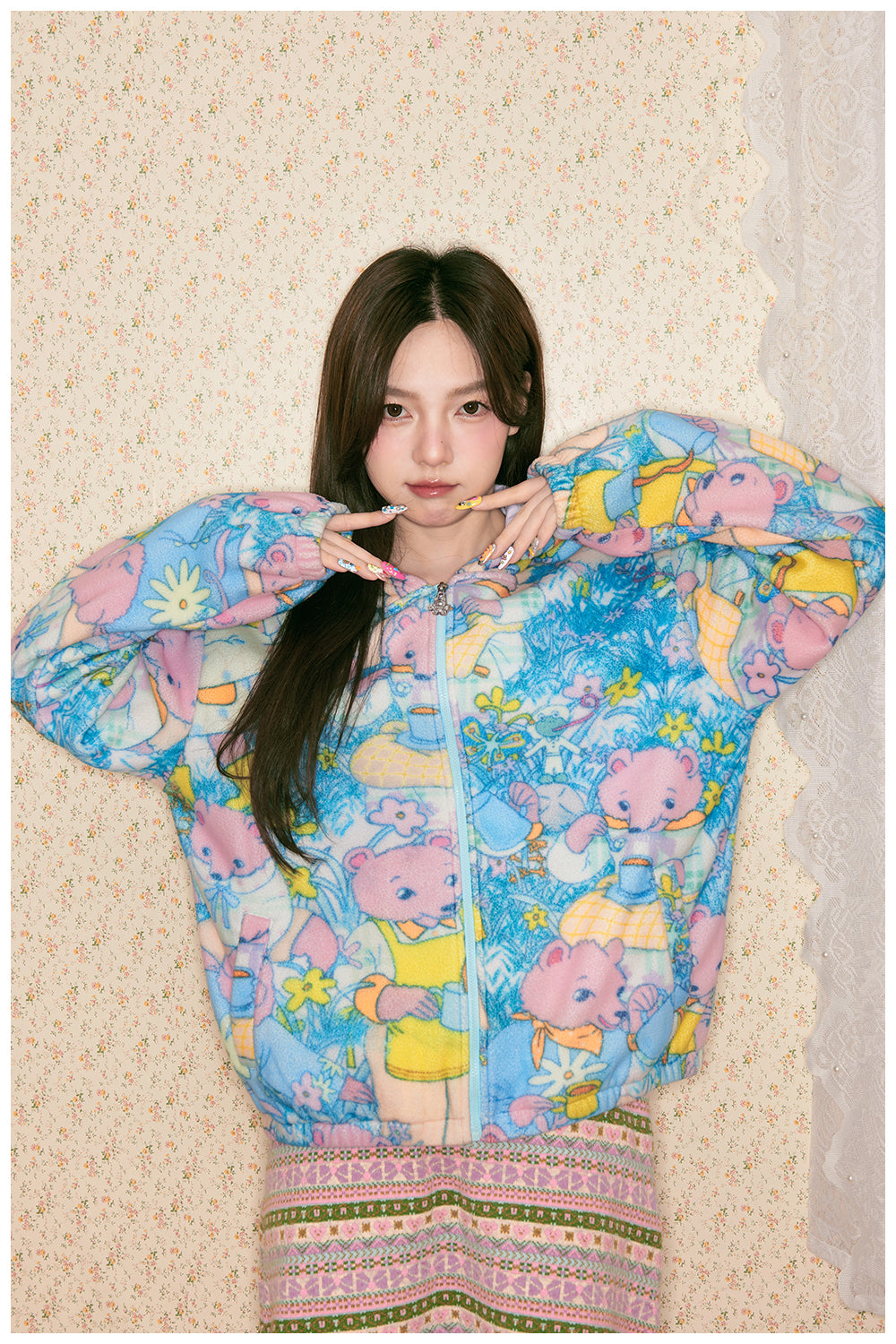 tntntutu - Blue Green Fleece Hoodie with Bear Print jacket tntntutu