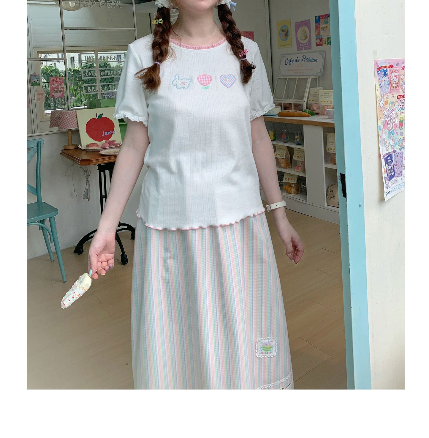 Peach Party - White Embroidered Kawaii T-Shirt