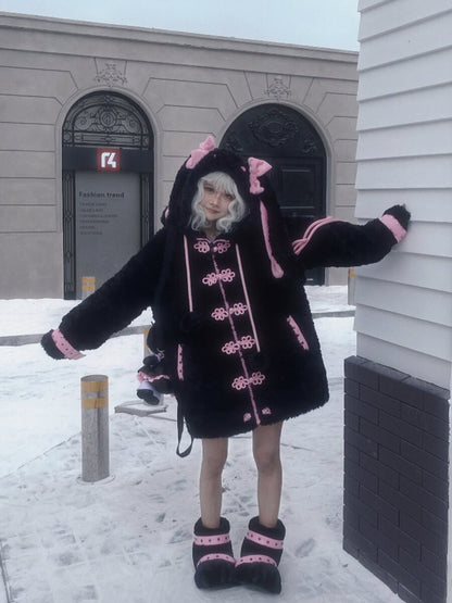 Three Poisons - Bunny Ear Plush Y2K Puffer Jacket coat Three Poisons Black Pink