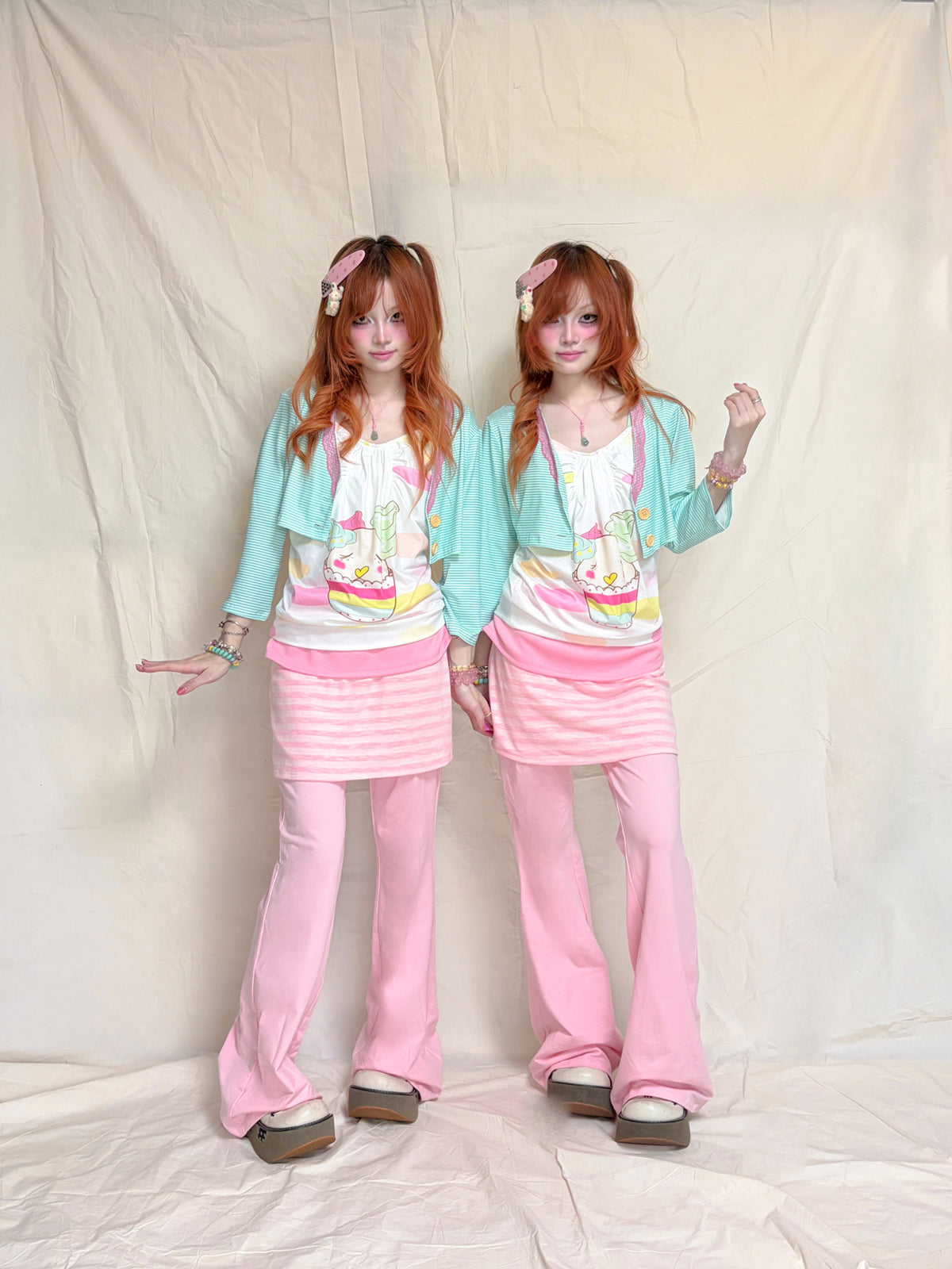 YJM with biubiu - Pink Stripe Foldover Skirt Pants pants YJM with biubiu