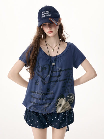 ziziFei - Blue Cat Print Drawstring Tee shirt ziziFei