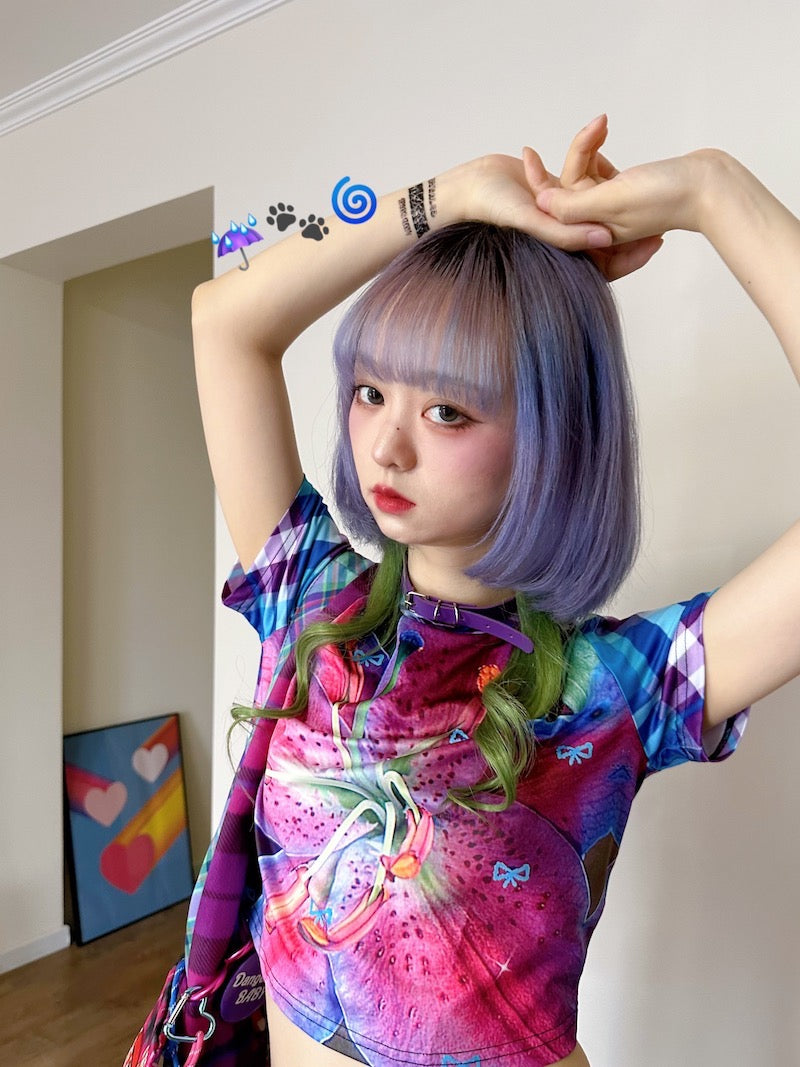 Decora Kei T-shirt – Vintage Plaid Round Neck tshirt bunnybunnygun