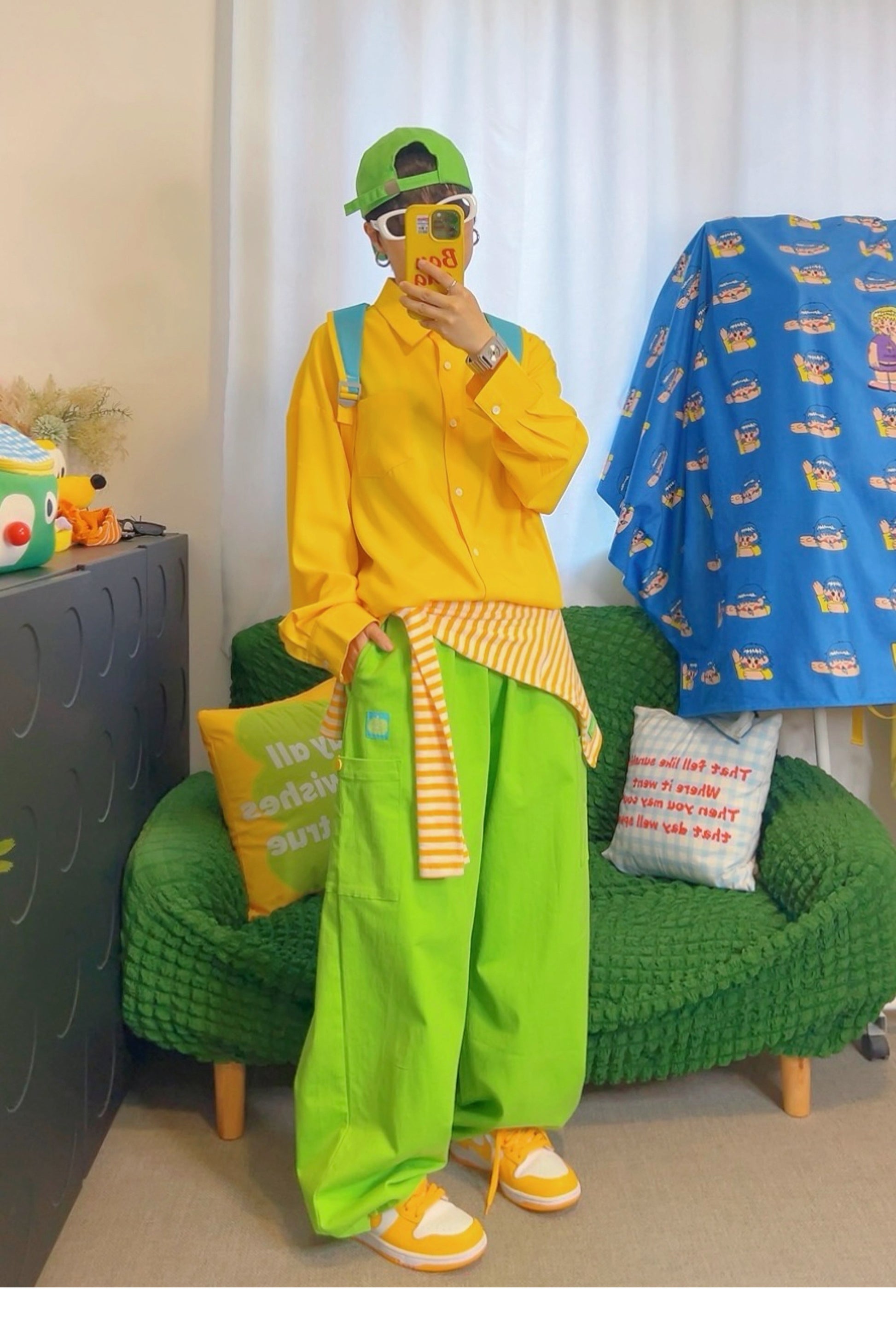 KURIOSITAET - Y2K Dopamine Yellow Shirt Loose Casual Long Sleeve Unisex shirt KURIOSITAET