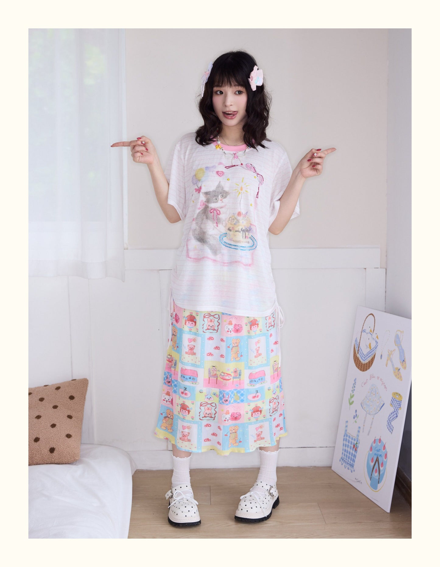 Robootoo - Pastel Cartoon Pleated Midi Skirt skirt Robootoo