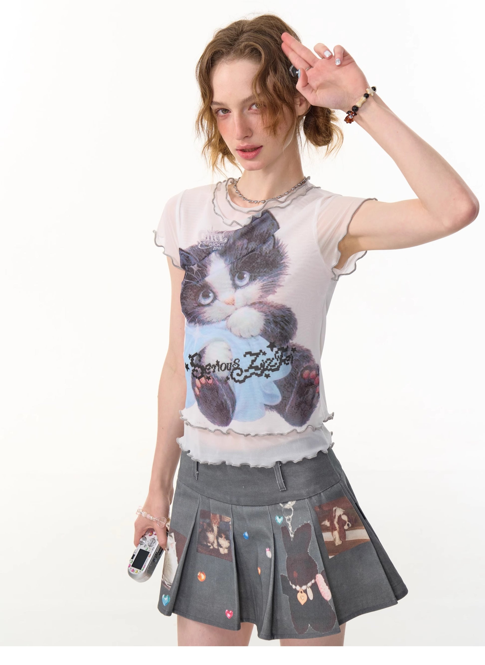 ziziFei - Girly Cat Print Mesh Layered T-Shirt tshirt ziziFei