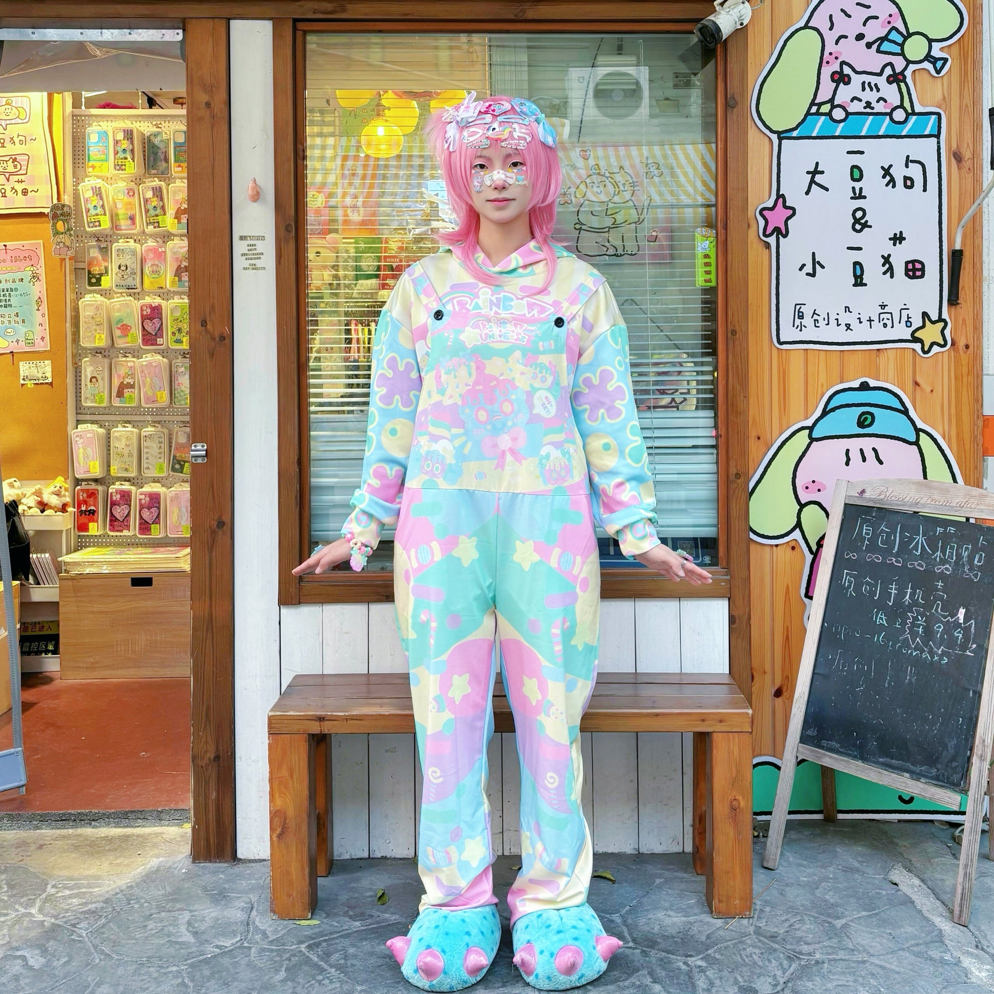 Rainbow Universe RUX - Pastel Macaron Decora Kei Varsity Jacket & Overalls Set set Rainbow Universe RUX