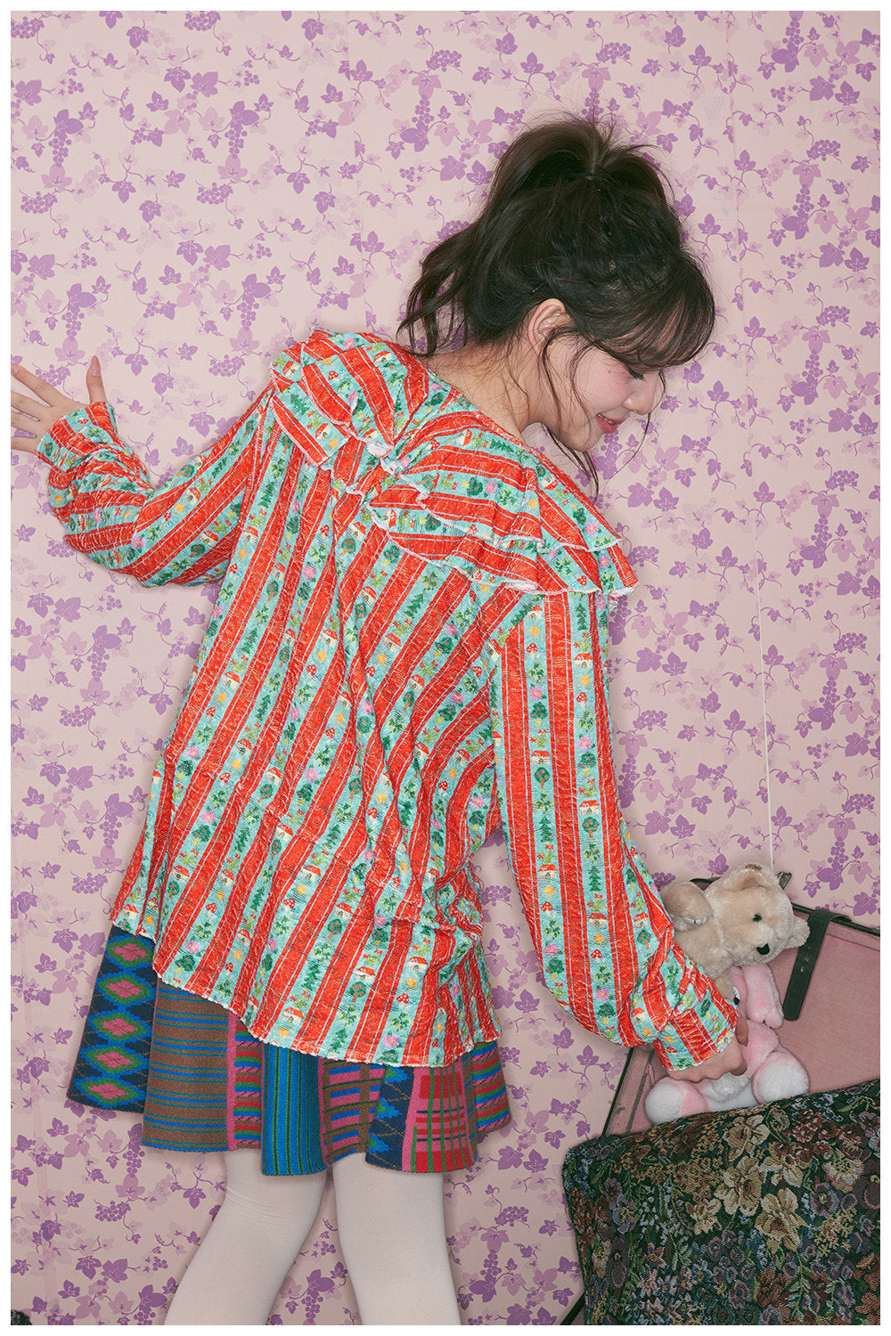 tntntutu - Kidcore Red Green Stripe Lace Shirt blouse tntntutu